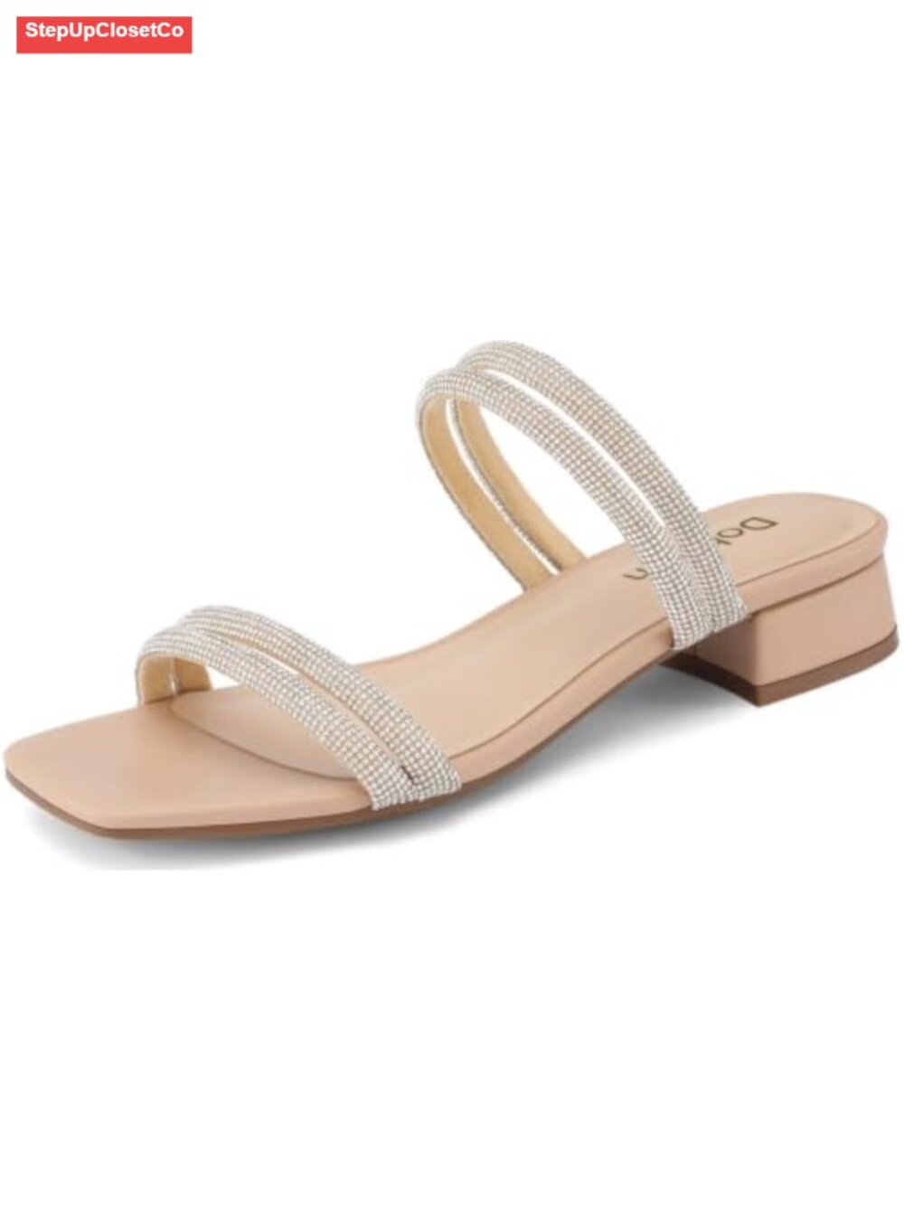 Rhinestone Strappy Square Open Toe Low Block Heeled Sandals Slip On
